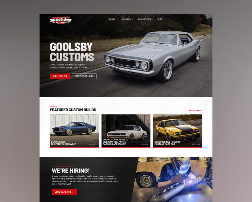 Goolsby Customs homepage with a classic Camaro hero image, featured custom builds, and a careers section.