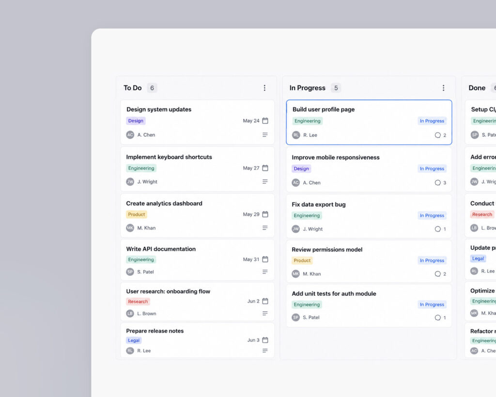 Website task board organizing design updates, development work, and bug fixes into To Do, In Progress, and Done columns.