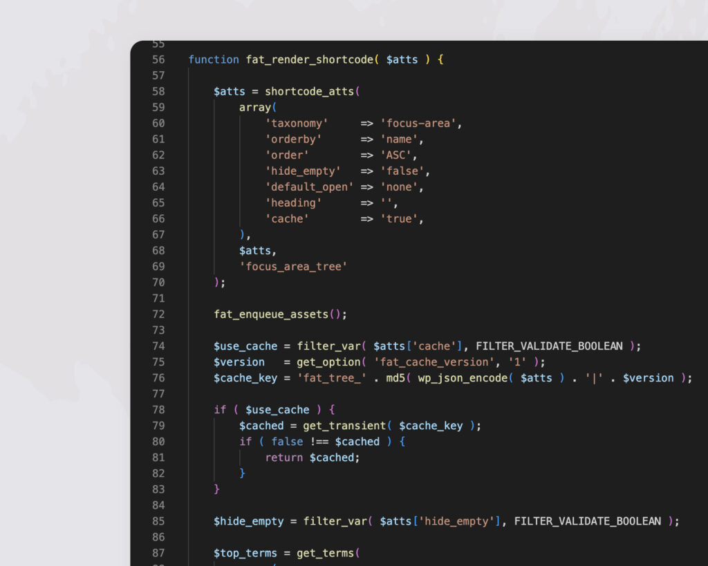Custom WordPress shortcode written in PHP, showing configurable options and caching logic in a code editor.