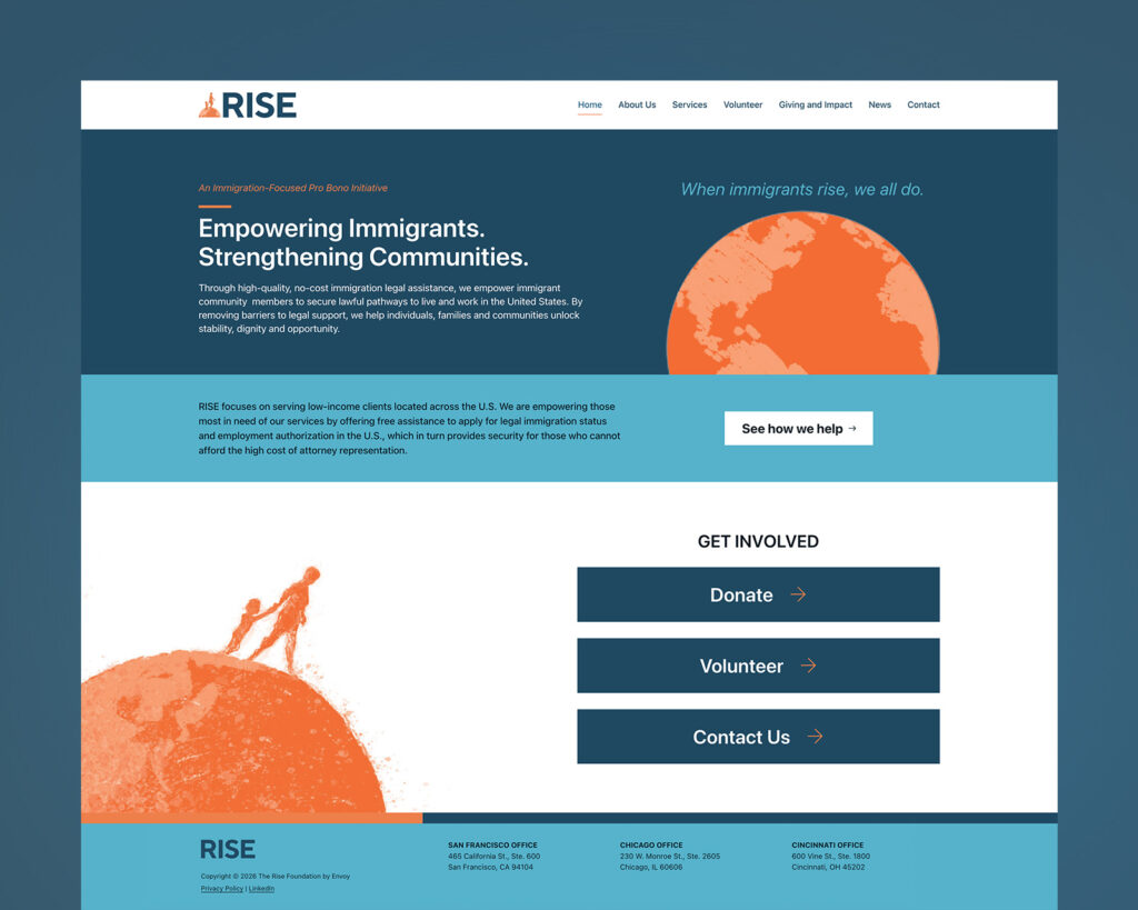 RISE nonprofit homepage with teal and orange branding, an immigration legal assistance overview, and donation and volunteer links.