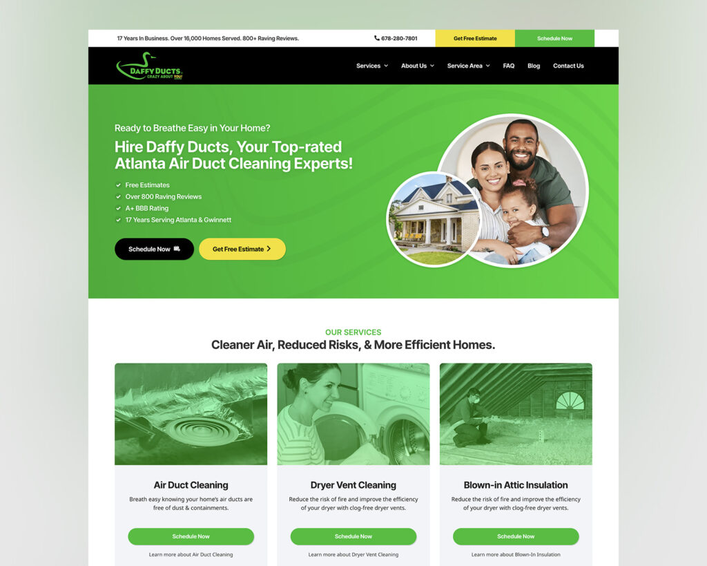 Daffy Ducts homepage with bright green branding, Atlanta air duct cleaning services, and prominent scheduling and estimate buttons.