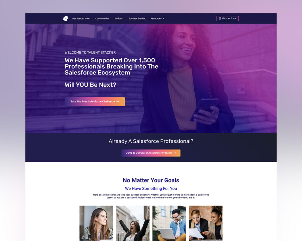 Talent Stacker homepage with a purple gradient hero promoting Salesforce career programs and a free Salesforce challenge.