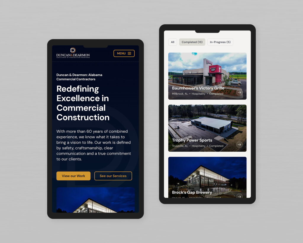 Duncan & Dearmon mobile homepage and project gallery with stacked photo cards and filters for completed and in-progress builds.